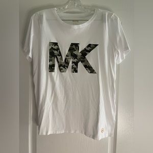 Michael Kors Camouflage Monogram Logo White Short Sleeve Tshirt Womens Size L